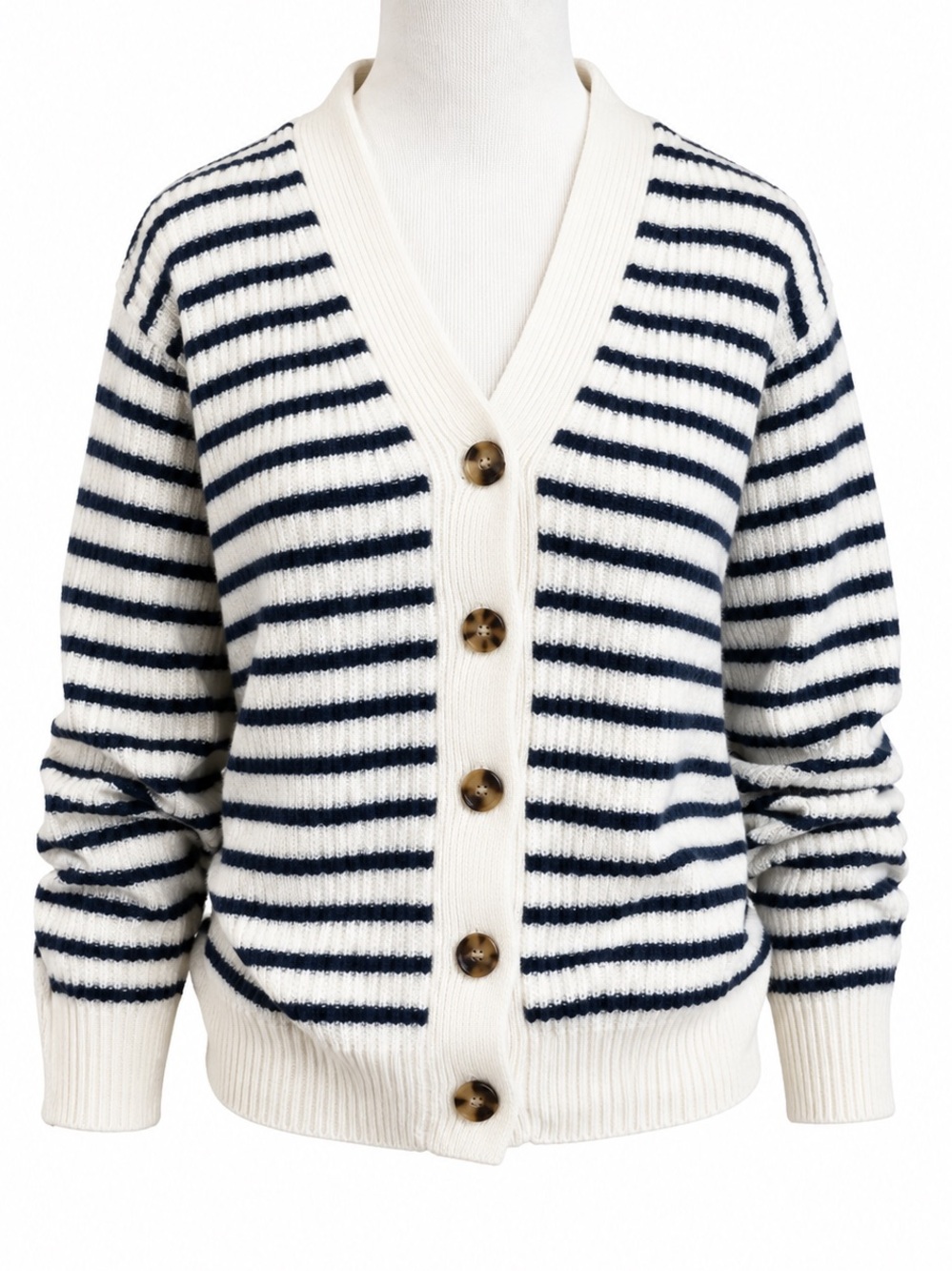 Wilfred Navy and White Striped V-Neck Button Cardigan
